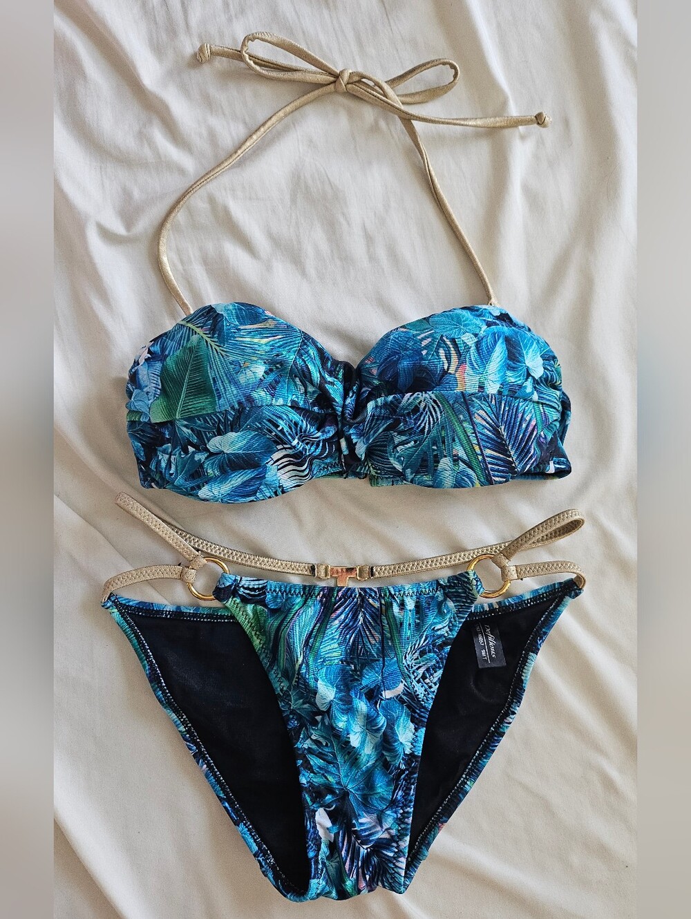 DO NOT BUY Gyaru Tropical Blue Leaf Bandeau Bikini Gold Rhinestone Thong Strap
